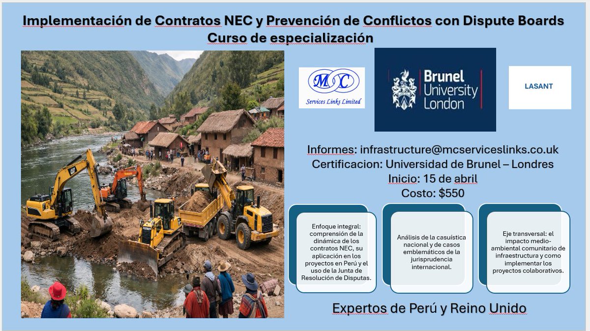 services_links's tweet photo. #Construccion #Infraestructura
En un entorno de #ContratosNEC  #DisputeBoards, la diferencia está en quién te forma. 
@Bruneluni, una universidad de fama mundial, ofrece experiencia y know how británico, adaptado a la realidad peruana.
infrastructure@mcserviceslinks.co.uk https://t.co/truYHc6d8E