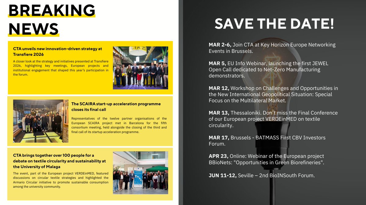 CTAndaluciaENG's tweet photo. This month’s highlights include:

🌱 Doñana Terra Innova & circular bioeconomy initiatives
🔋 Progress in battery recycling with @BATMASS_EU 
♻️ Textile circularity through #VERDEinMED
🤝 Industrial symbiosis with #SYMBIO (Horizon Europe)
🌍 #BIOSTARS & rural Mediterranean innovation

Plus: key Horizon Europe 2026–2027 updates, CBE JU €170M+ calls, EU Missions 2026 and Digital Europe opportunities.

If you’re preparing a proposal, this is essential reading.😉