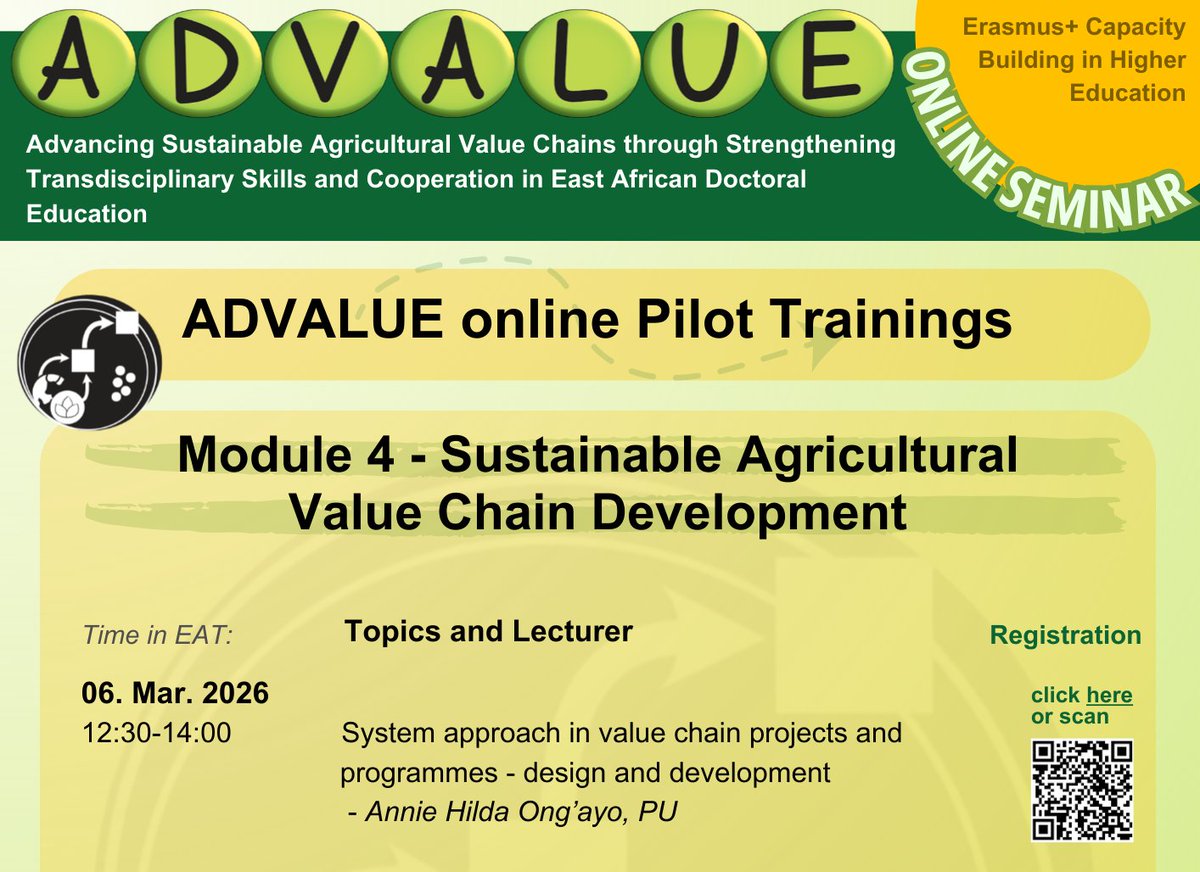 erasmus_advalue's tweet photo. Join us this Friday for an online seminar:

🗓 Date: 6 March
⏰ Time: 12:30–14:00 (EAT) | 10:30–12:00 (CET)
🎓 Topic: System Approach in Value Chain Projects and Programmes Design and Development
👩🏽‍🏫 Lecturer: Annie Hilda Ong’ayo, @Pwaniuni

Register here: https://t.co/CfO4hlVLrv https://t.co/jLrrzZ8eYD