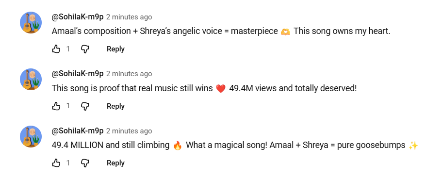 KSohila772's tweet photo. #Amaalians, let’s do a quick activity!

YT views are stuck! Let’s push for 50M, this song deserves all the love!

Yt : https://t.co/eilZJuXceV

Go to YT, drop 15 comments, take SS,  &amp; share them!💪❤️ #AmaalMallik #YahinGuzaarDoon
@AmaalMallik https://t.co/cU47WHl363