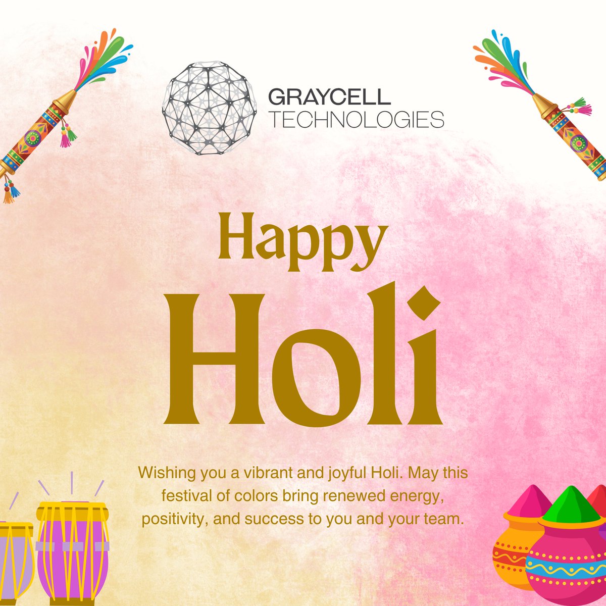 GrayCellTech's tweet photo. As the vibrant hues of Holi fill the air, may this festival mark the beginning of renewed energy, fresh perspectives, and meaningful growth.  

Wishing you and your team a prosperous and joyful Holi.🌈🌼

#GrayCellTechnologies #HappyHoli https://t.co/NpThqS90Ye