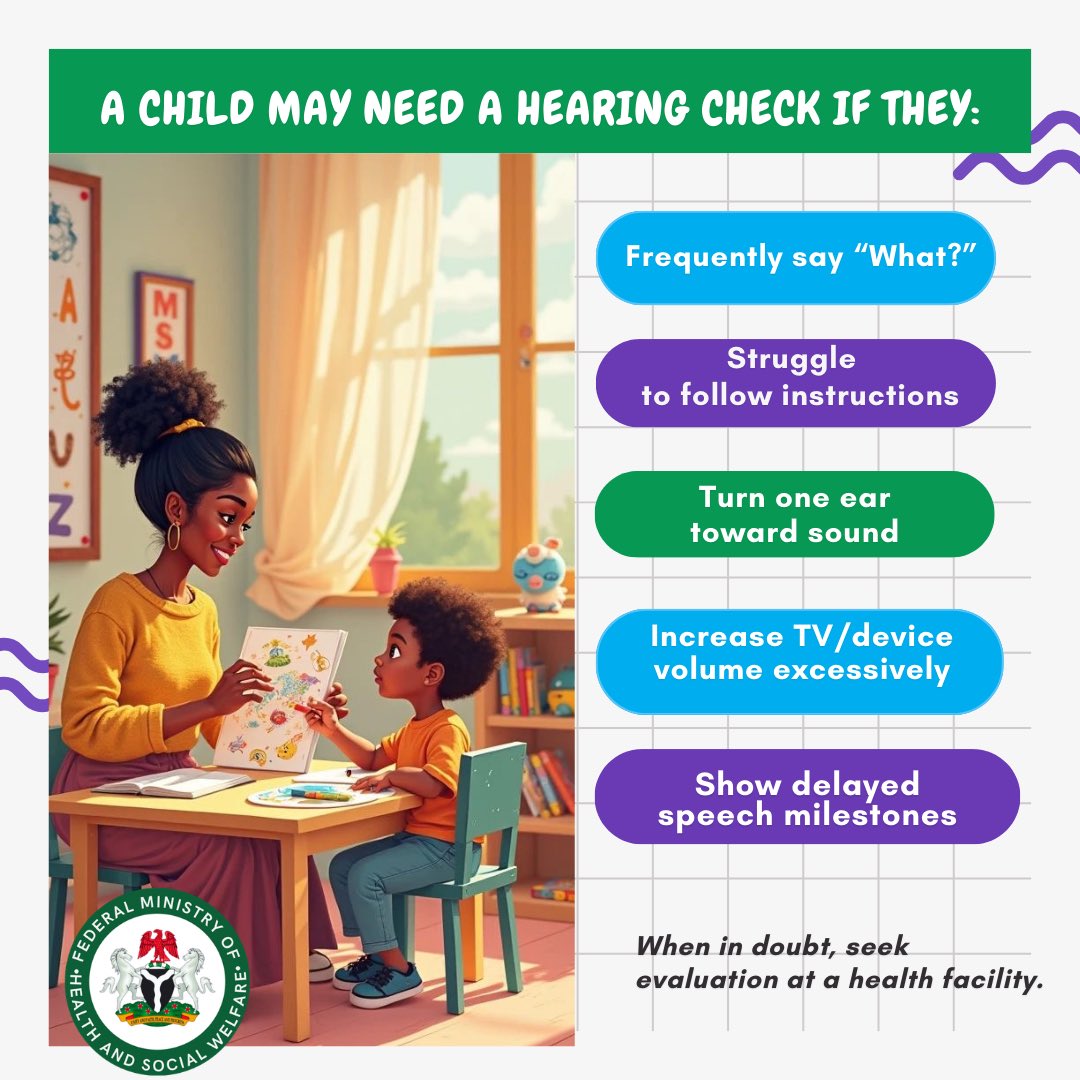 Fmohnigeria's tweet photo. Hearing is foundational to learning, communication, and inclusion.

Globally, over 60% of childhood hearing loss is preventable through public health measures and early intervention.

On #WorldHearingDay2026, Nigeria strengthens hearing care from communities to classrooms by expanding screening, strengthening referral systems, and building frontline capacity for early detection.

Because education begins with listening.

#HealthyNaija
#HearingCareForAll
#HealthForAll
#MinistryOfHealthNG