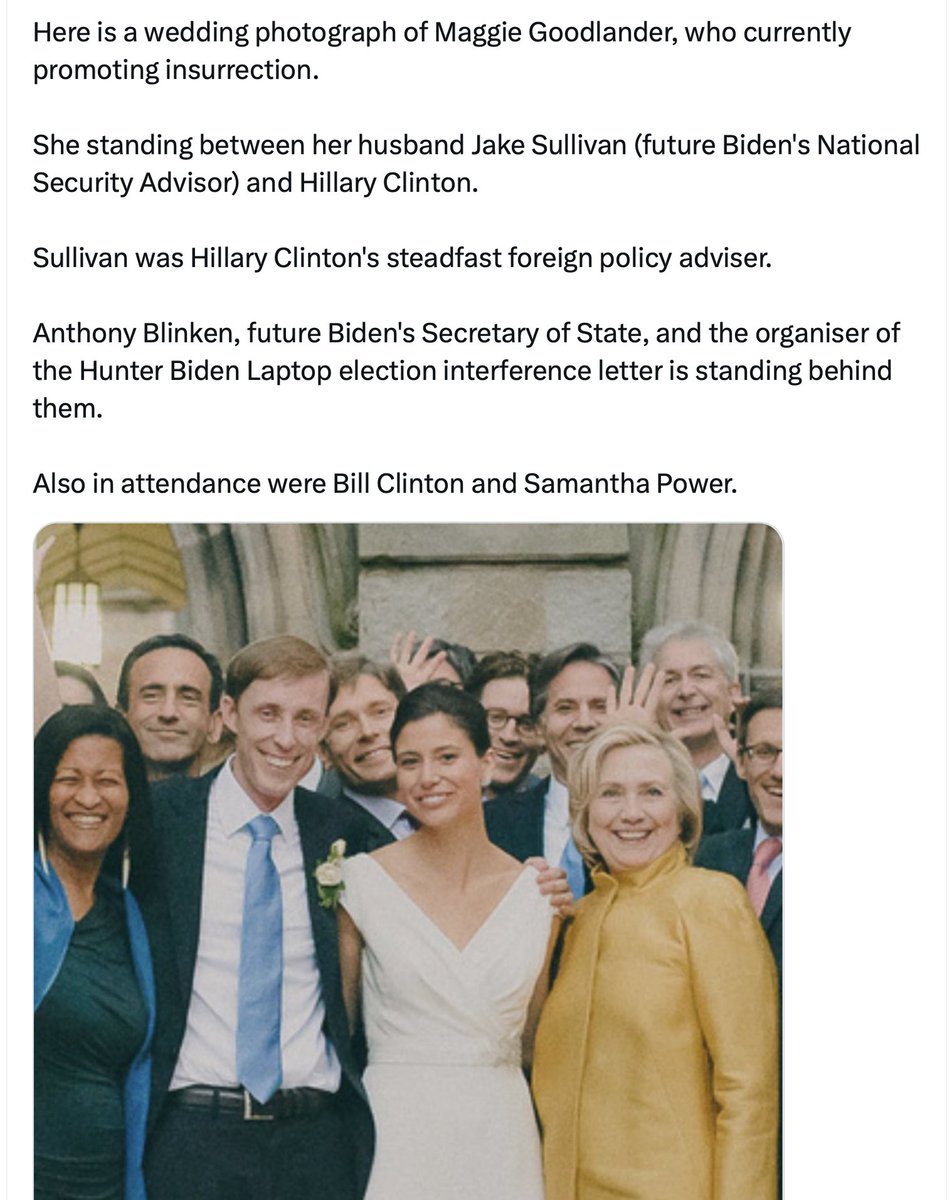 RealSLokhova's tweet photo. Hillary is not the past

Unless she and her ilk are prosecuted and locked up for the rest of their lives... 

Hillary and her cabal is your future!

Jake Sullivan, Hillary's top advisor, and Russiagate architect, dreams of being President 

Sullivan was Biden's Nat Sec Advisor during Obama's third term

His wife Maggie Goodlander is the organizer of the Seditious Six video

She was AG Garland's right-hand woman during Obama's third term, and oversaw the Durham investigation into Hillary and her cabal into oblivion

Goodlander worked with Norm Eisen on the fake Ukraine impeachment of President Trump 

Burns was the CIA Director and Blinken was Secretary of State 

Cheryl Mills was deputy White House Counsel for Bill Clinton, Hillary's Chief of Staff etc etc 

They are all coming back