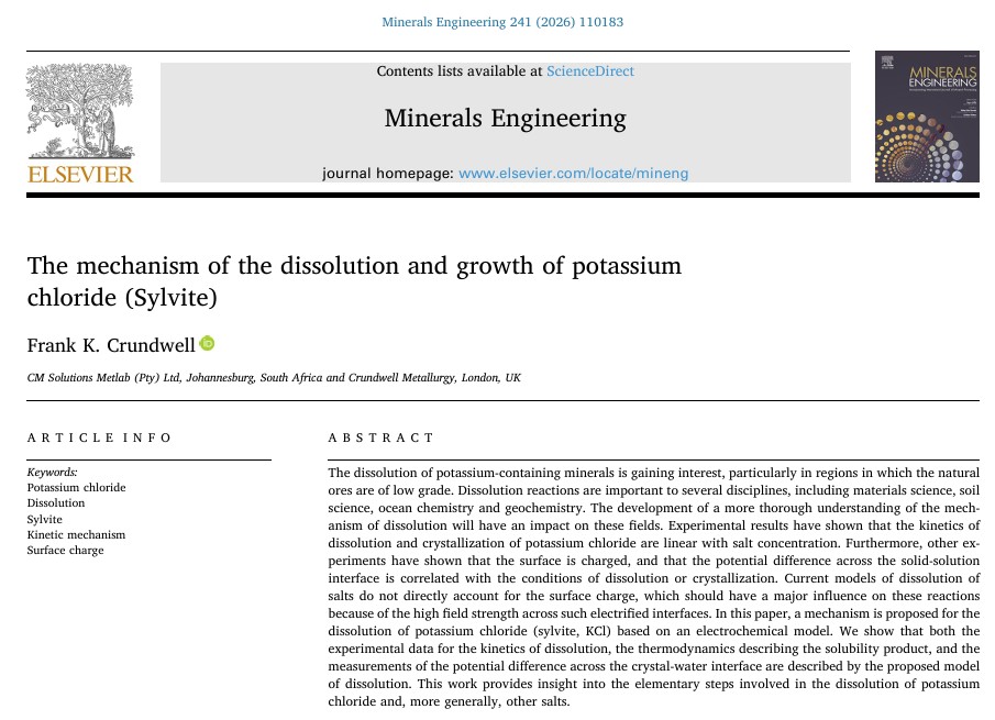 CMSMetLab's tweet photo. Have you ever wondered why potassium chloride dissolves in water the way it does?  Click here for free access to Frank Crundwell's latest paper in his dissolution series, a global authority on the subject. This link is valid until April 18, 2026:  
> https://t.co/blxtPuxmpU https://t.co/3svi3sCNqH