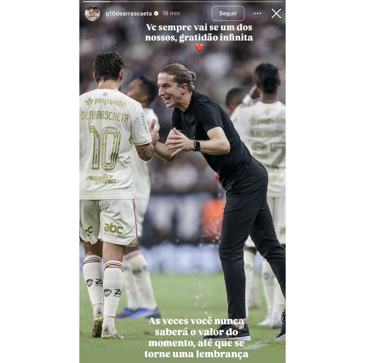 Post de Arrascaeta para Filipe Luís: "Você sempre vai ser um dos nossos. Gratidão infinita. Às vezes você nunca saberá o valor do momento, até que se torne uma lembrança."

📸 Divulgação