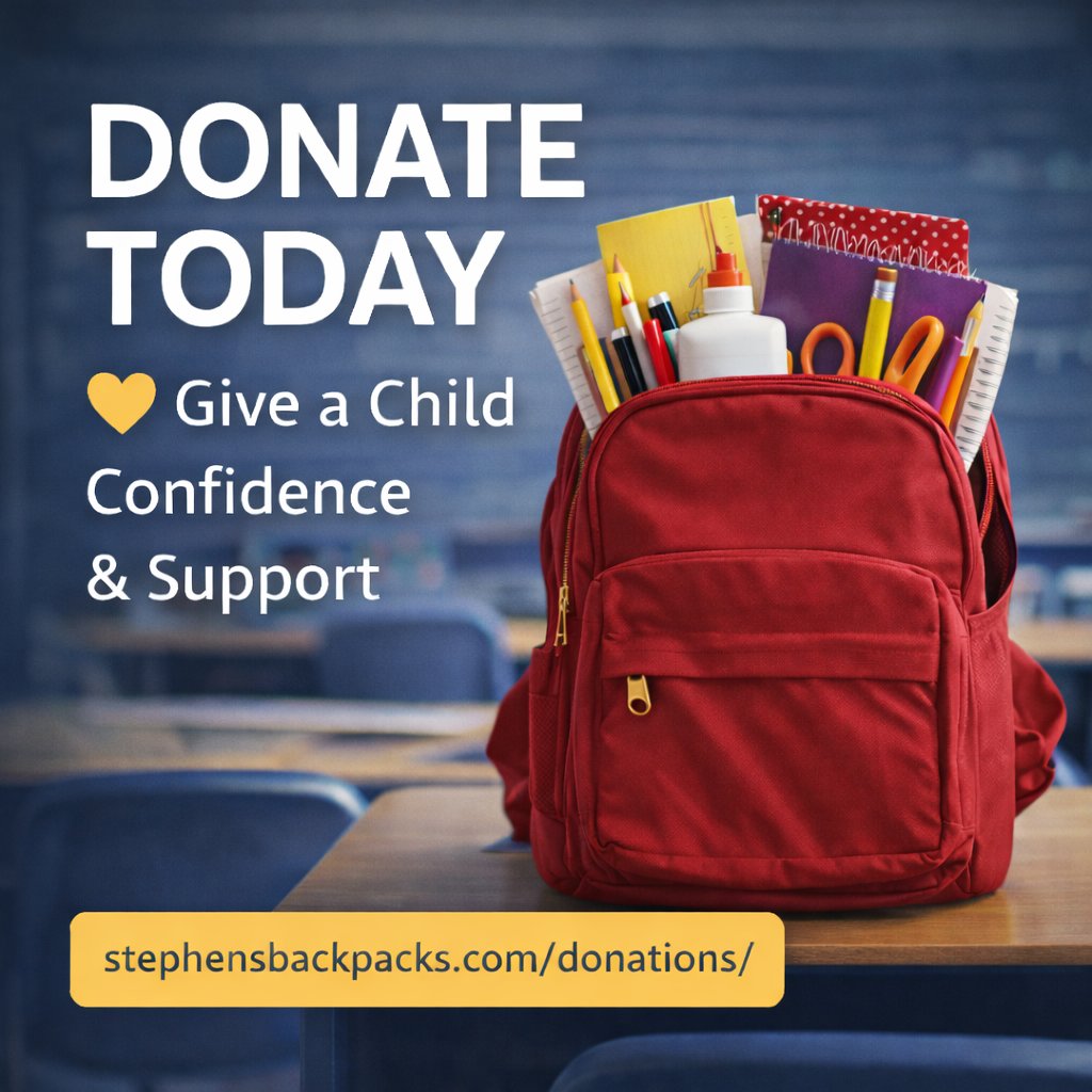 🎒 Donate Today.

A simple backpack filled with essentials can change how a child feels walking into school.

Give a child confidence &amp; support.

👉 stephensbackpacks.com/donations/

#StephensBackpacks #DonateToday #SupportLocalKids
