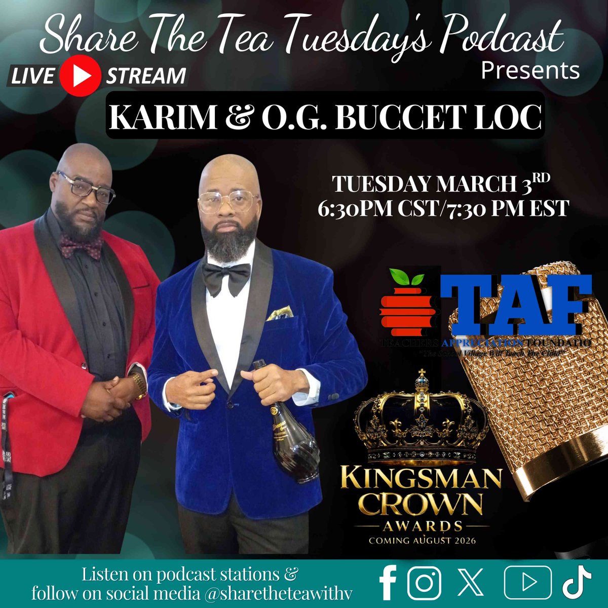 Today's HOT TEA Tuesday's segment will feature Karim Muhammad and O.G. Buccet Loc.  Tune in and let's TALK. 

See you at 6:30PM on Share The Tea, Tuesday's Podcast. 

#TeaTuesday #ShareTheTEA #Live2Learn #Podcast
