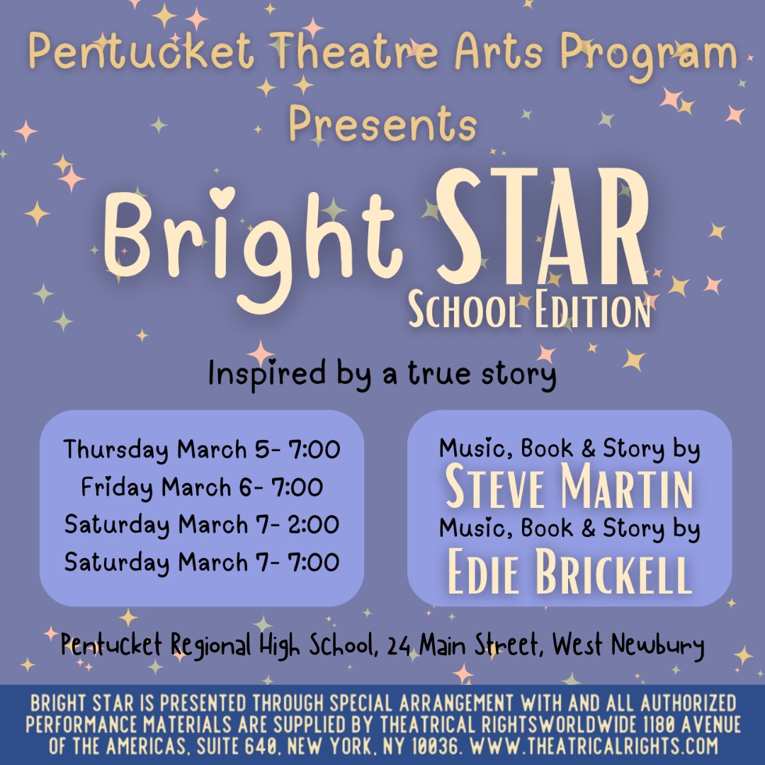ArtsPentucket's tweet photo. ✨ OPENING TONIGHT ✨

The Pentucket Theatre Arts Program presents BRIGHT STAR (SE)!

Tickets are extremely limited, if they aren't already completely sold out — don’t miss this powerful, soul-stirring production!

🎟️ https://t.co/I1TbPMqWuH https://t.co/6B27VE4N1n