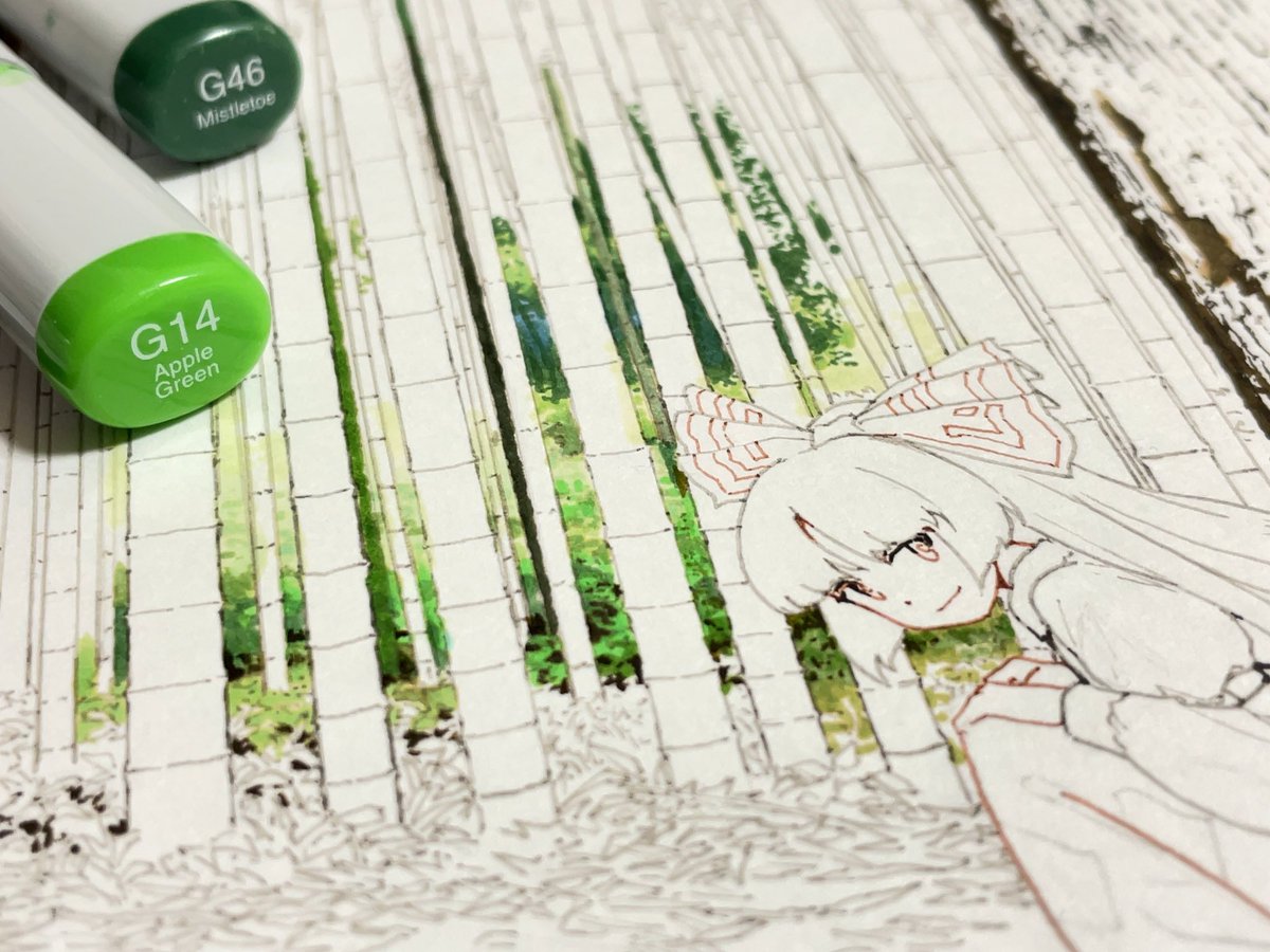竹の間に色がつき始めるました。彩度が高い色も使ってみる。
