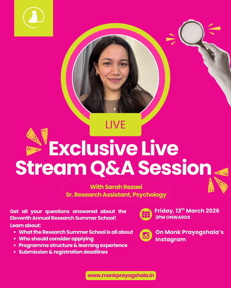 monkprayogshala's tweet photo. Join Sarah Rezaei LIVE as she breaks down what the Eleventh Annual Research Summer School is all about!

📅 13 March 2026 | 🕑 2 PM (IST)
📍 Monk Prayogshala’s Instagram

Know more &amp; be a part of this journey:
https://t.co/IpwwLm3beR
Follow us: https://t.co/5JaYjQDIYm https://t.co/c72giNfK2A