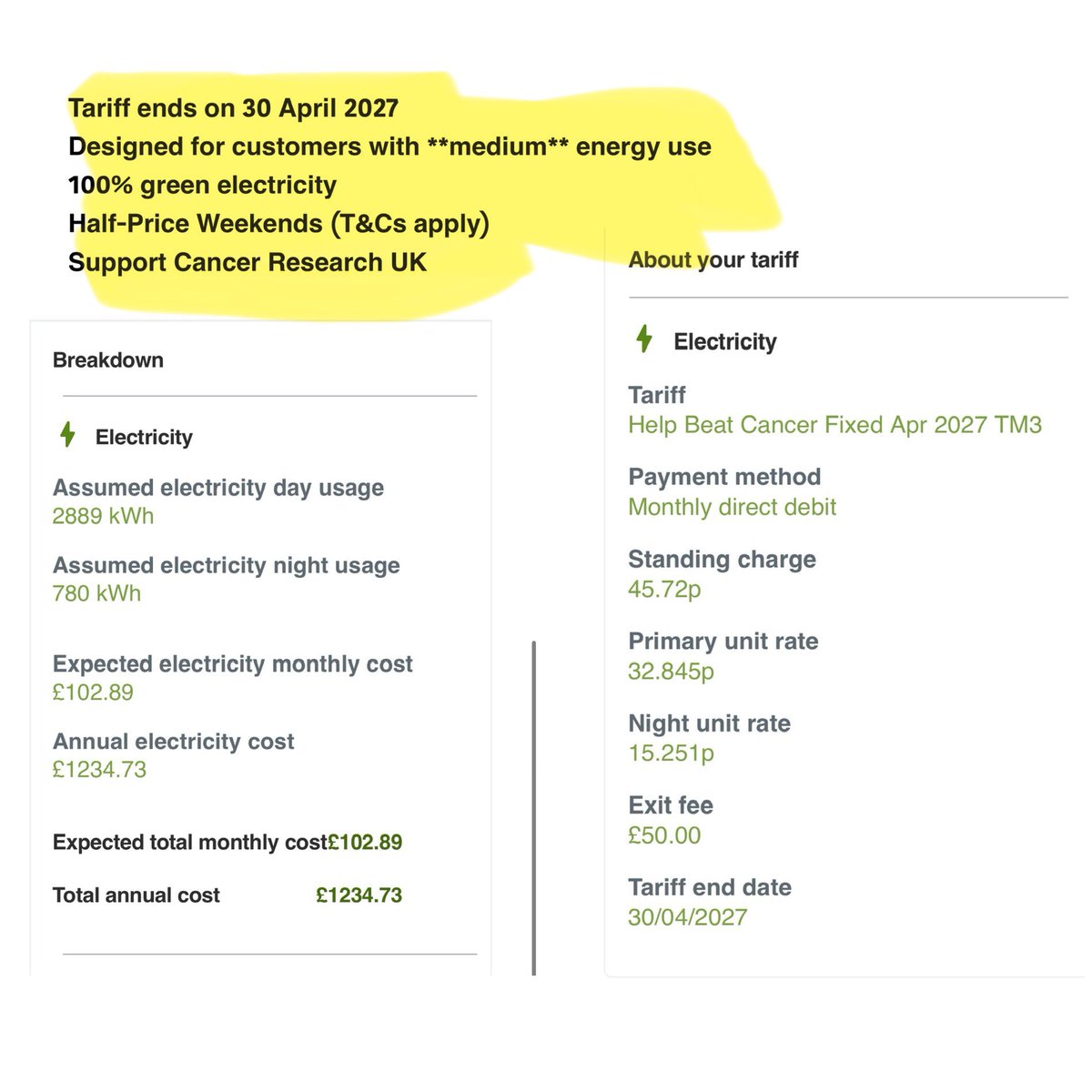 RSK176's tweet photo. @SP_EnergyPeople On 'Help Beat Cancer Fixed May 2026 TM1' tarriff until 1 May 2026 &amp; looking at fixed rates for when it ends. Confused as I’m not an expert and can’t understand these offered — if I make the wrong choice then obviously my bills will be affected. Please advise! https://t.co/3B2Ji52pEh