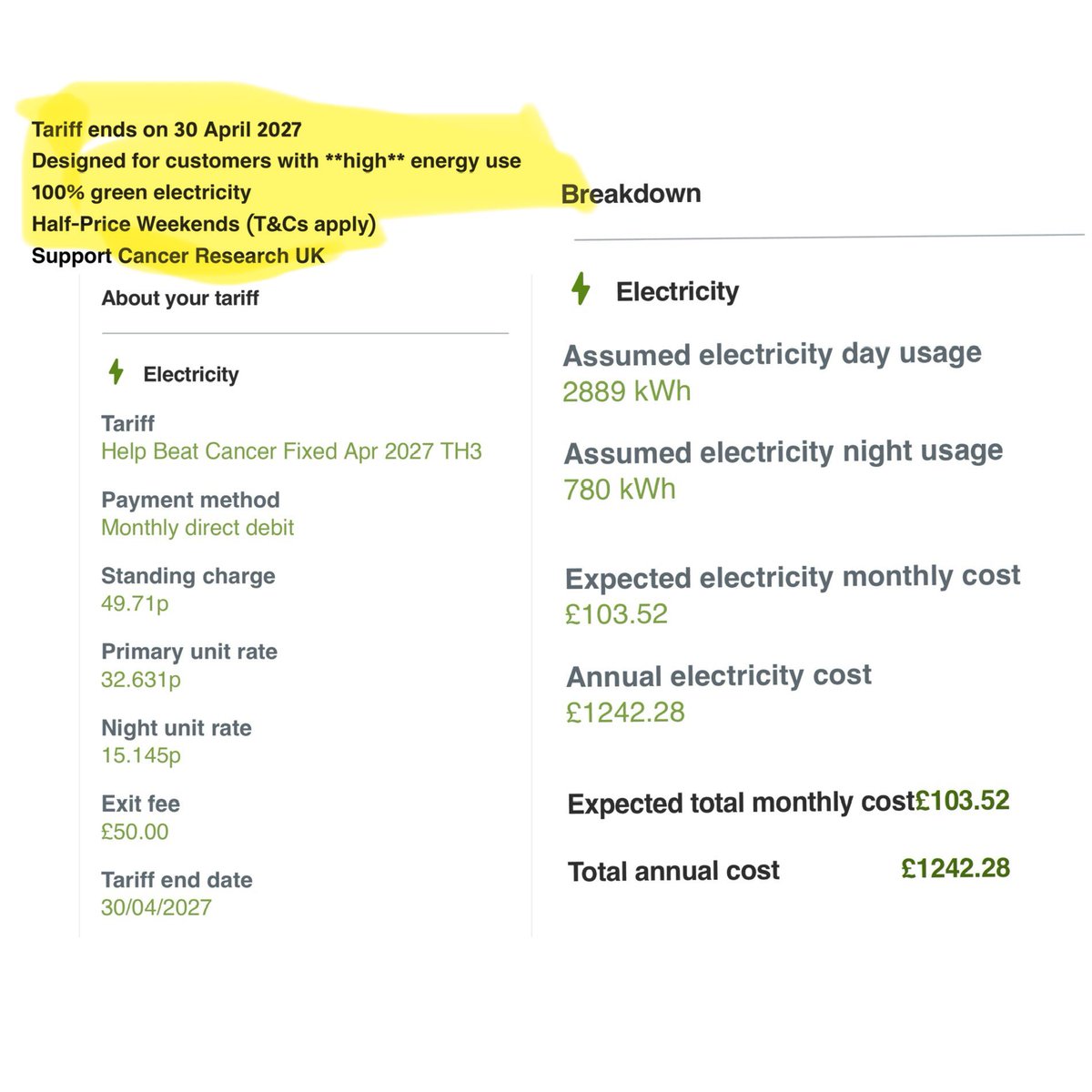 RSK176's tweet photo. @SP_EnergyPeople On 'Help Beat Cancer Fixed May 2026 TM1' tarriff until 1 May 2026 &amp; looking at fixed rates for when it ends. Confused as I’m not an expert and can’t understand these offered — if I make the wrong choice then obviously my bills will be affected. Please advise! https://t.co/3B2Ji52pEh