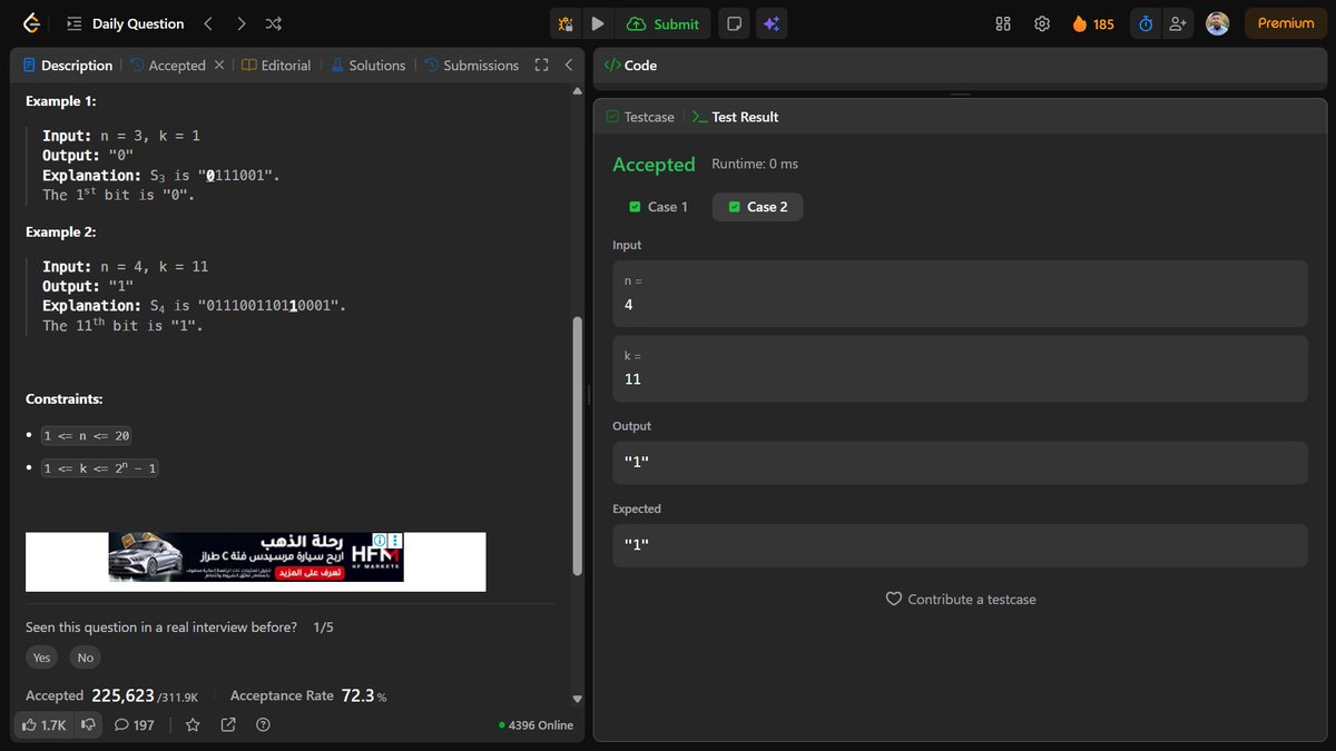 Aditya_Ch_20's tweet photo. Day 185 ✅

Solved Find Kth Bit in Nth Binary String using recursion.
Used the pattern: Sₙ = Sₙ₋₁ + "1" + 
reverse(invert(Sₙ₋₁)).Checked middle index, recursed on left half, or mirrored and inverted for right half.

#LeetCode #DSA #Java #Recursion #ProblemSolving https://t.co/ptqNrDasA7