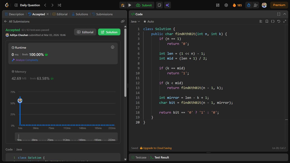 Aditya_Ch_20's tweet photo. Day 185 ✅

Solved Find Kth Bit in Nth Binary String using recursion.
Used the pattern: Sₙ = Sₙ₋₁ + "1" + 
reverse(invert(Sₙ₋₁)).Checked middle index, recursed on left half, or mirrored and inverted for right half.

#LeetCode #DSA #Java #Recursion #ProblemSolving https://t.co/ptqNrDasA7
