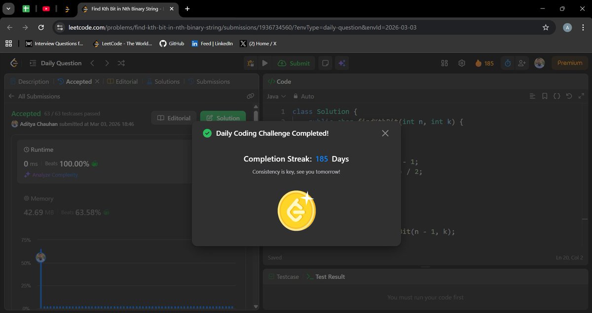 Aditya_Ch_20's tweet photo. Day 185 ✅

Solved Find Kth Bit in Nth Binary String using recursion.
Used the pattern: Sₙ = Sₙ₋₁ + "1" + 
reverse(invert(Sₙ₋₁)).Checked middle index, recursed on left half, or mirrored and inverted for right half.

#LeetCode #DSA #Java #Recursion #ProblemSolving https://t.co/ptqNrDasA7