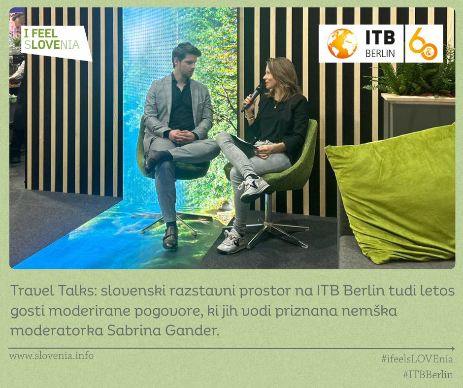 tourism_slo's tweet photo. Slovenski razstavni prostor na #ITBBerlin gosti moderirane pogovore, t. i. travel talks, ki so namenjeni strokovni javnosti in vabljenim medijem.
Pogovore vodi priznana nemška novinarka Sabrina Gander.
#ifeelsLOVEnia #TravelTalks https://t.co/Tp6YHmmZSq