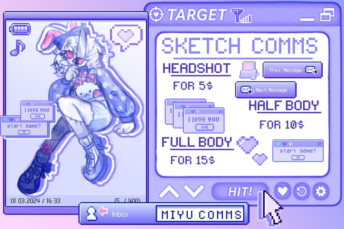Minyung_10U's tweet photo. 🌼COMMISSIONS OPEN🌼
⋄ POP Style
⋄ Soft Style
⋄ Sketches 
⋄ Chibi 

🪷 Payment Methods 🪷
∘ 『Gift Card』(Preferred) ☄️
∘ Avatar Decoration 
∘ Nitro 

🪼 DM open !
#Commission #commissionart #commissions #commsopen https://t.co/jUPQgf7CDh