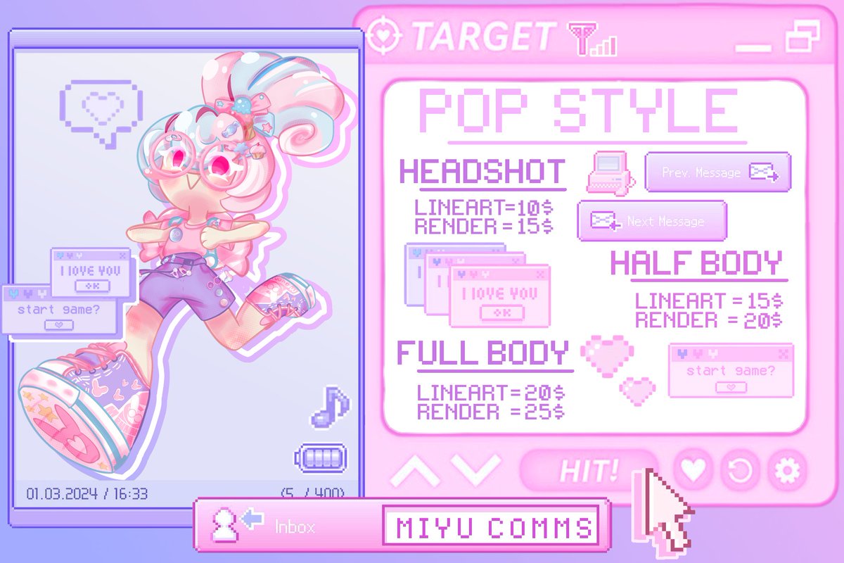 Minyung_10U's tweet photo. 🌼COMMISSIONS OPEN🌼
⋄ POP Style
⋄ Soft Style
⋄ Sketches 
⋄ Chibi 

🪷 Payment Methods 🪷
∘ 『Gift Card』(Preferred) ☄️
∘ Avatar Decoration 
∘ Nitro 

🪼 DM open !
#Commission #commissionart #commissions #commsopen https://t.co/jUPQgf7CDh