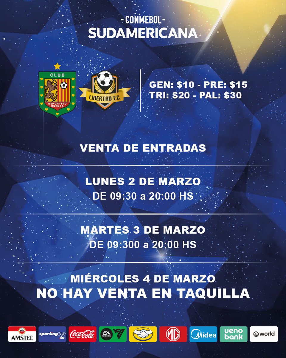 🟥⬛️ ATENCIÓN: Se han agotado palcos, tribunas y preferencias para el #DCuenca #Libertad por Copa #Sudamericana 🏆. 

Quedan generales, que se venderán en la jornada de hoy en las oficinas de #DCuenca y en línea.
