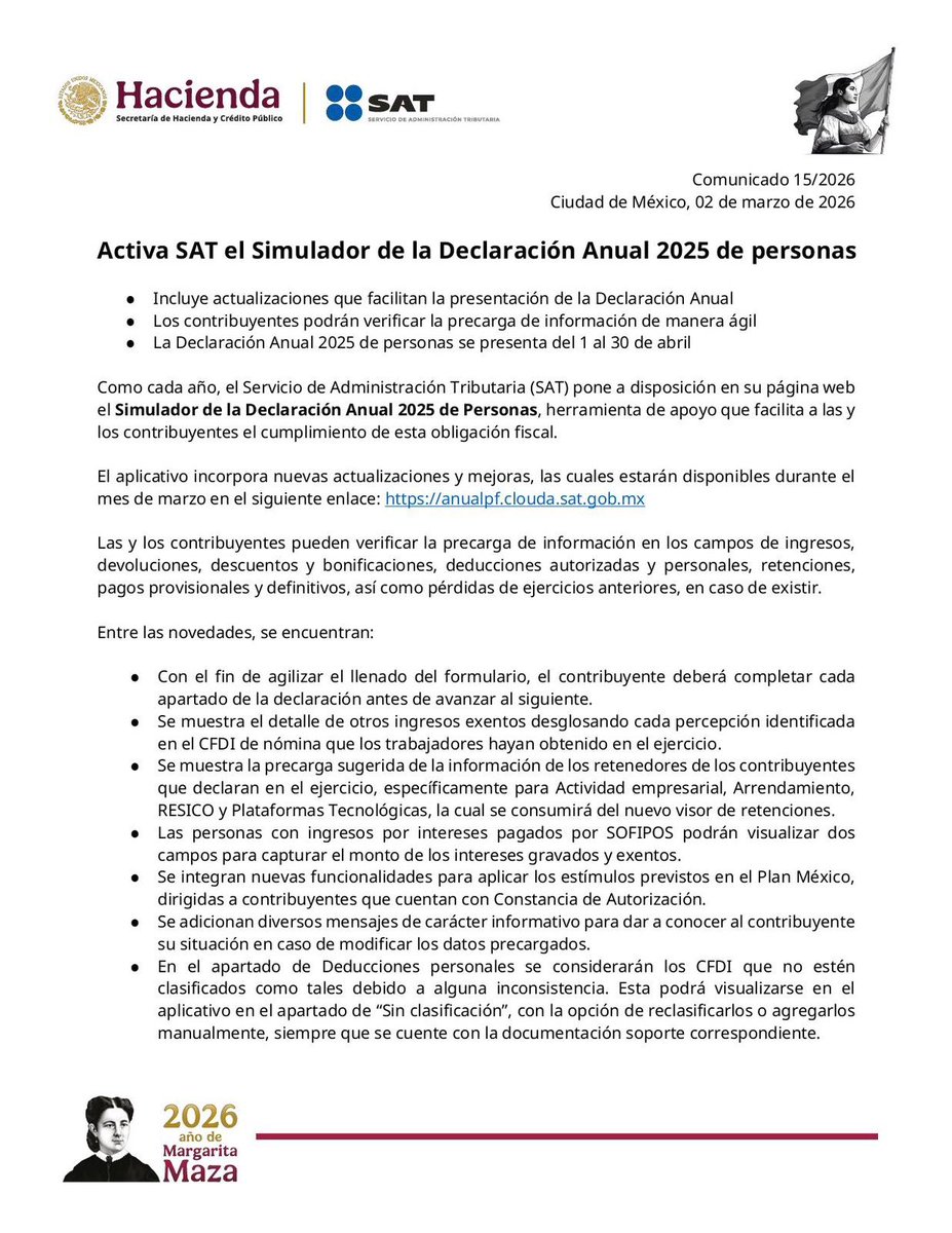 SergioEsquerra's tweet photo. ¡Ya está activo el Simulador de la Declaración Anual 2025 para personas físicas! 🚀

Desde el 2 de marzo de 2026, el SAT liberó esta herramienta para que revises tu info precargada (ingresos, deducciones, retenciones, nóminas, intereses de SOFIPOs, etc.) y simules tu declaración antes del plazo oficial.

🔹 ¿Para qué sirve?  
- Verifica datos de CFDI y precarga ágil  
- Calcula si te sale saldo a favor o impuesto a pagar
- Corrige inconsistencias (como deducciones "sin clasificar")
- Pre-guarda para abril
- Novedades: campos para Plan México, retenciones en RESICO/plataformas, ingresos exentos detallados y más

El simulador NO es la declaración final: esa se presenta del 1 al 30 de abril 2026.

Accede aquí: https://t.co/TvoytmibB3  
(Entra con RFC + contraseña o e.firma)

¿Ya lo revisaste? Si tienes 2+ patrones, actividades empresariales, arrendamiento, RESICO o quieres devolución... ¡no esperes a abril! Revisa pronto y evita sorpresas. 💰📊