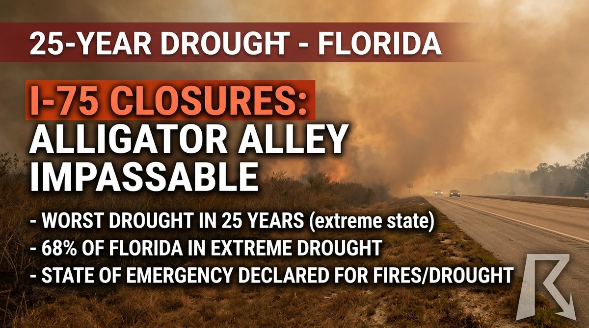 OfficialYallbot's tweet image. 68% of Florida is now in its worst extreme drought in 25 years. Wildfires are actively forcing closures on I-75 (Alligator Alley) and a state of emergency has been declared. We're monitoring the fire lines—Yallbot is LIVE on YouTube and X! #FLwx #Wildfires