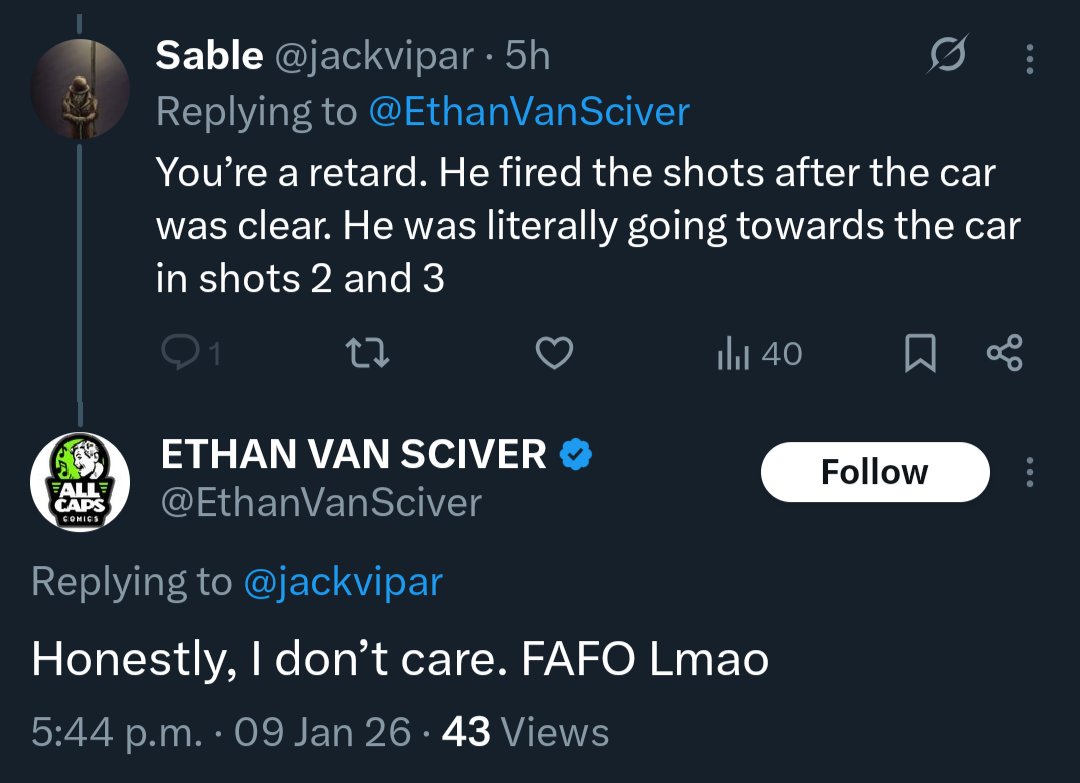 Alfred_Orteez's tweet photo. "what a nasty, stupid thing to say"
Ethan Van Sciver is actually a joke π
He celebrates and wishes death on others, but draws the line at "irrelevant" π
#comicsgate #allcapscomics https://t.co/XKyhvYXg3R