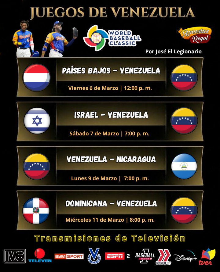 No tienes excusas para no ver desde este Viernes 6 de Marzo el Clásico Mundial de Béisbol. La Selección de Venezuela se enfrenta a Países Bajos. ⚾️

Podrás verlo en el país por:

IVC
Televen
ByM Sport
Venevision
ESPN 2
1 Baseball Networks
Béisbol Play
Disney
Tves

Seguimoooos 🇻🇪