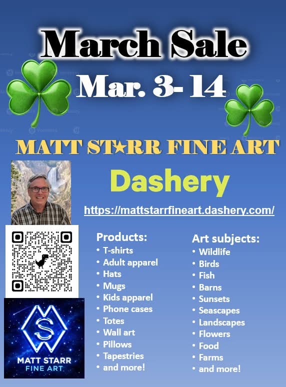 MattStarrFineA1's tweet photo. Check out my March Sale in my Dashery art shop, Mar.3-14: https://t.co/dsDwi9WJ6P 

#mattstarrfineart #Dashery #sale #gift #giftideas #tshirts #homedecor #pillow #tote #apparel #hoodie #wallart #landscape #seascape #birds #wildlife #flowers #sunsets #food #animals https://t.co/7N5z3PHBda