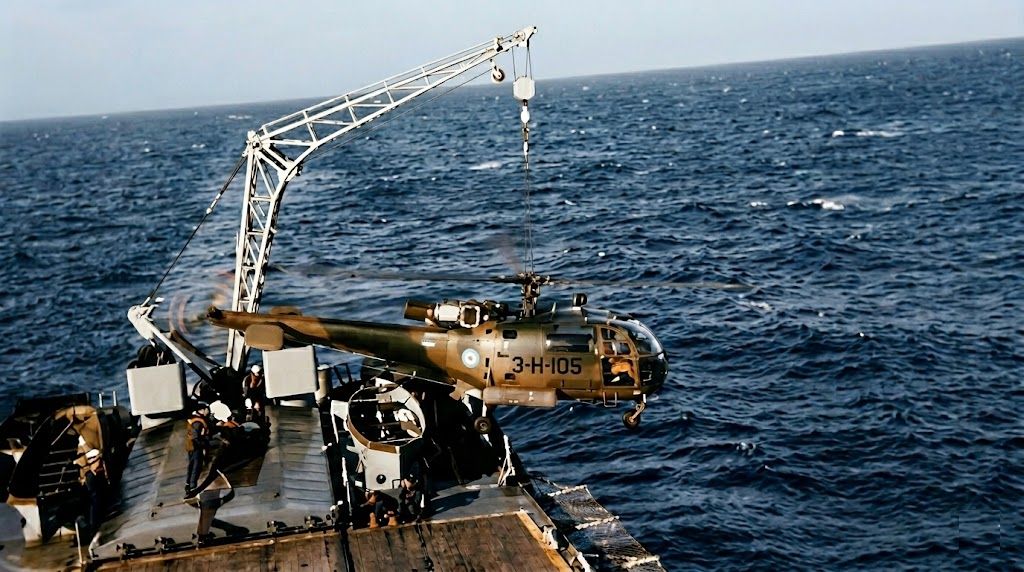 martiniotero's tweet photo. #Aérospatiale SA.316B #AlouetteIII 0649/3-H-105, de la #PrimeraEscuadrillaAeronavalDeHelicópteros (#EA1H), de la #ArmadaArgentina, operando desde el #CruceroLiviano (C-4) #ARAGeneralBelgrano (#CRBE).
El #helicóptero se hundió con el buque luego del ataque torpedero desde el #HMSConqueror, el 02-MAY-82 durante la #GuerraDeMalvinas.