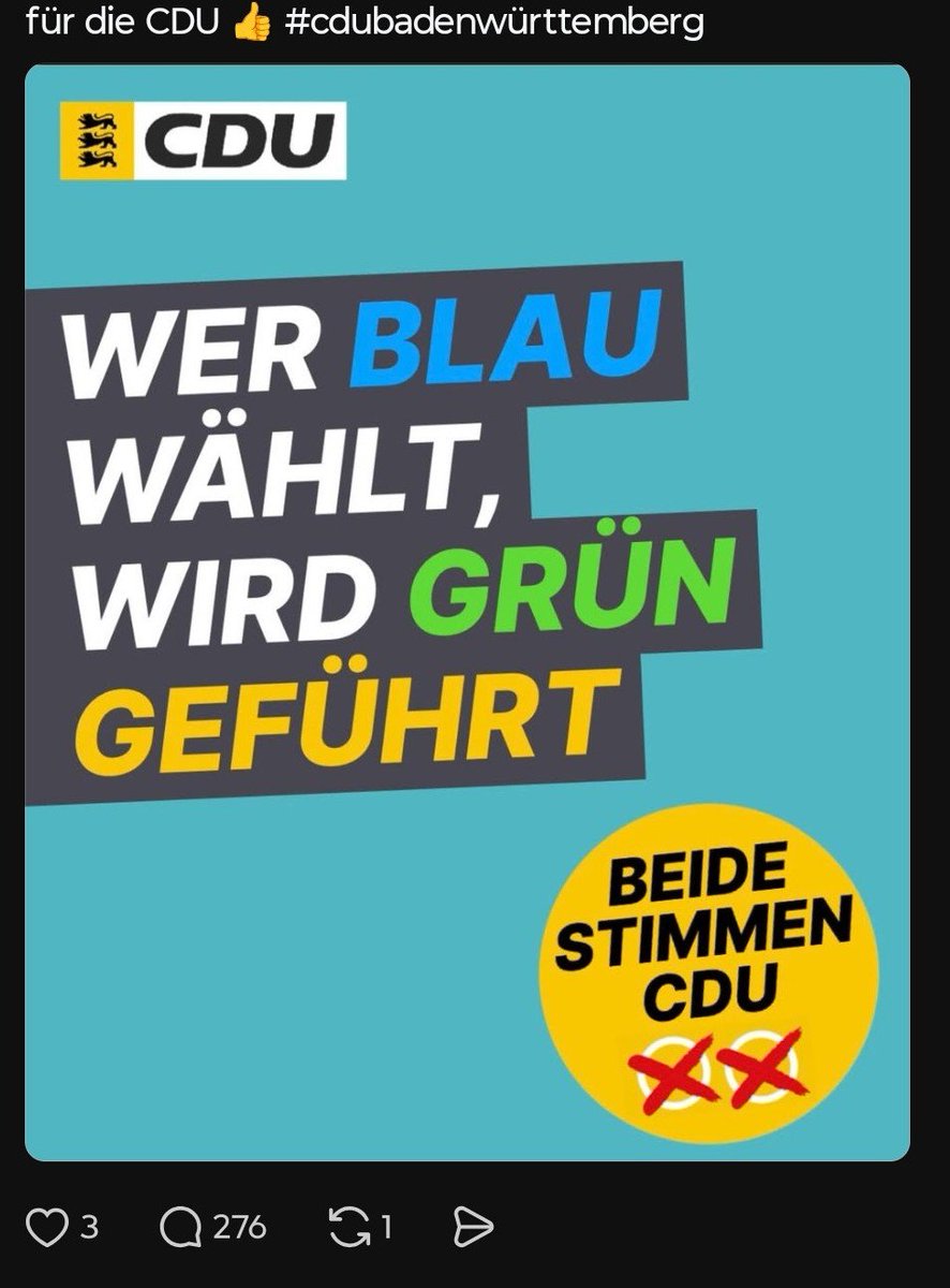 OomenBerlin's tweet photo. Das ist ein Tabubruch:

In Baden-Württemberg wirbt die CDU um AfD-Stimmen, nicht um Wähler zurückzugewinnen, sondern als taktische Leihstimmen.

 Wer so handelt, zeigt fehlenden Anstand und wird ihn auch nach der Wahl nicht wahren. 

Cem Özdemir zum Ministerpräsidenten wählen! https://t.co/DiINsCxZs4