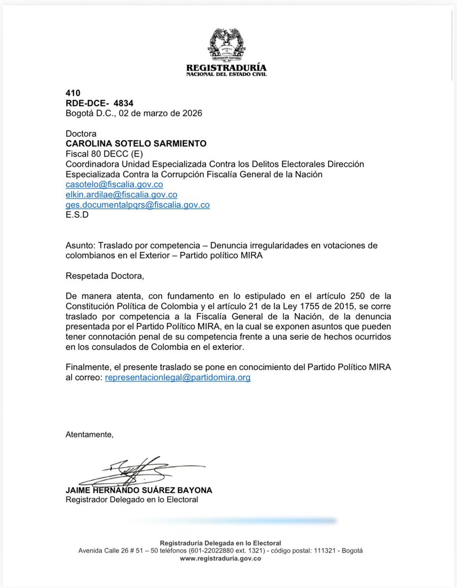 lafm's tweet photo. 🔵 La Registraduría dio traslado a la Fiscalía, Procuraduría y Cancillería las primeras denuncias que ha presentado el partido MIRA sobre posibles irregularidades que se estarían presentado en las elecciones en el exterior, relacionadas con supuestas maniobras encaminadas a inducir el voto de los ciudadanos.
