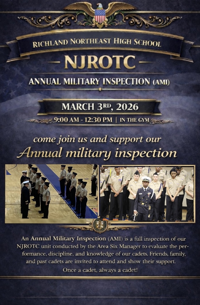 RNECavaliers's tweet photo. It’s Inspection Day at Richland Northeast! 🎖️ Our #NJROTC cadets are showing their discipline in the gym from 9 AM - 12:30 PM for the 2026 Annual Military Inspection (AMI). ⚓️ Watch live on @rnecavaliers on IG & FB! #CavalierPride #AMI2026 @drmarlonthomas @Sabrina_suber https://t.co/0sbh238yrL