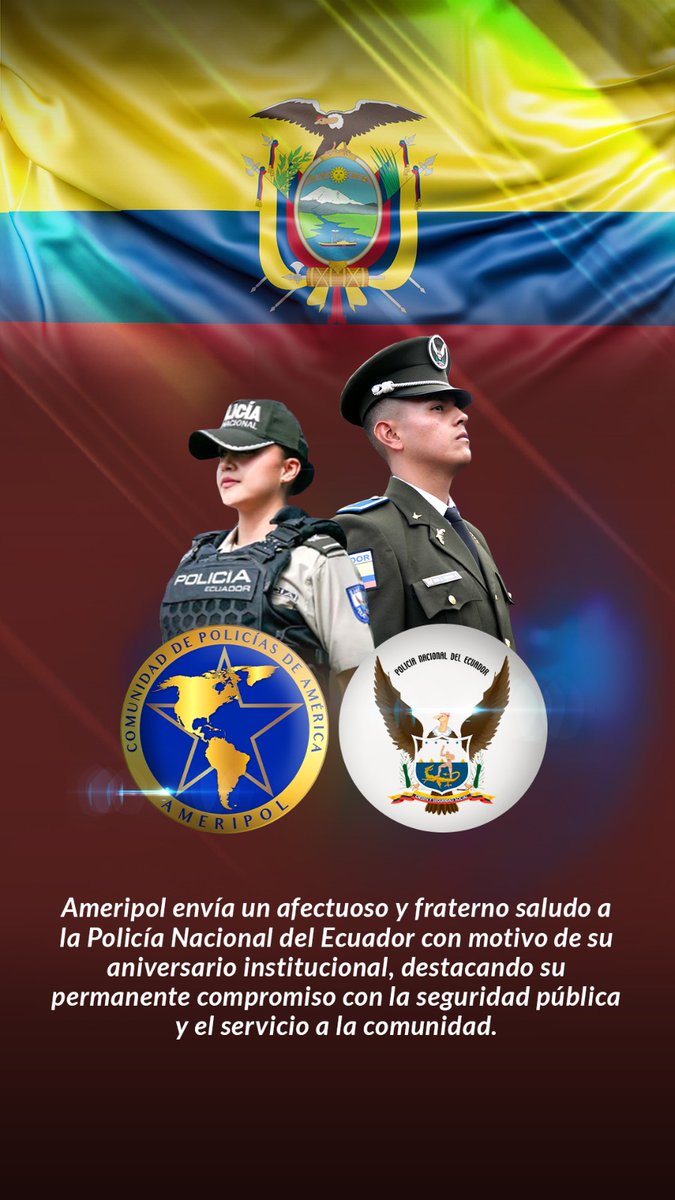 AmeripolOrg's tweet photo. En el marco de su aniversario institucional, AMERIPOL reconoce la trayectoria y el compromiso de la @PoliciaEcuador con la seguridad pública y el servicio a la comunidad.
Destacamos su contribución activa al fortalecimiento de la cooperación policial regional.
#AMERIPOL #PolicíasDeAmérica #CooperaciónPolicial