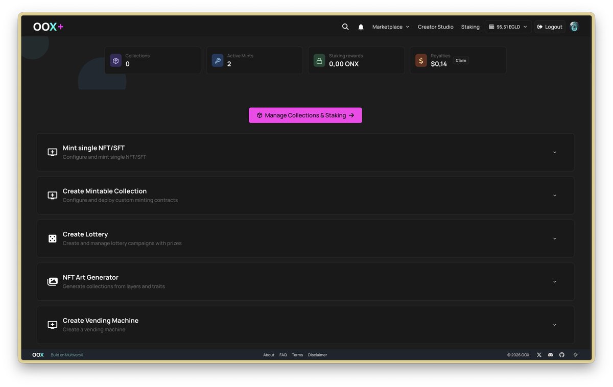 OOX_Marketplace's tweet photo. Inside OOX+ 

More tools for creators, more way to create and to distribuite NFTs on @MultiversX 

- mint single NFT/SFT in a easy way
- mintable collection (only 0.08 $EGLD fee)
- Lottery (also with CUSTOM SFT tickets)
- NFTs generator (load your traits) 
- Vending machine https://t.co/7k6m9w2xSe