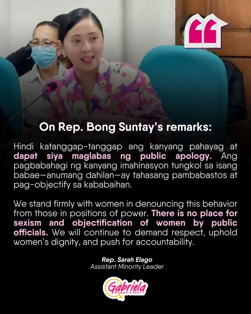 chronikrissys's tweet photo. Kailangan ng public apology at pagwawasto galing kay Bong Suntay!

Ang statements niya tungkol kay Anne Curtis sa House of Representatives ay "tahasang pambabastos at pag-oobjectify sa kababaihan", in the words of @sarahelago

#LabananAngAbuso #LabanKababaihan #LabanGabriela https://t.co/uu8AuOPToO
