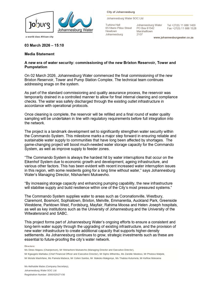 JHBWater's tweet photo. Media Statement_A new era of water security: commissioning of the new #BrixtonReservoir, Tower and Pumpstation_Tues 3 March 2026
#JoburgUpdates #CommandoSystem ^N https://t.co/tEikfixDO6