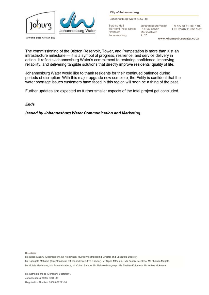 JHBWater's tweet photo. Media Statement_A new era of water security: commissioning of the new #BrixtonReservoir, Tower and Pumpstation_Tues 3 March 2026
#JoburgUpdates #CommandoSystem ^N https://t.co/tEikfixDO6