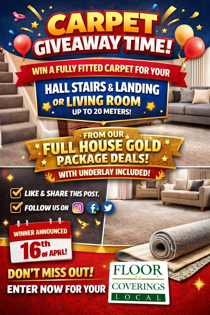 floorcoveringsl's tweet photo. 🎉 CARPET GIVEAWAY! 🎉

WIN a fully fitted carpet for your Hall, Stairs &amp; Landing OR Living Room (up to 20m²)! 🏡

💎 From our Full House Gold Package
🔥 Underlay included

To enter:
✅ Like
✅ Share
✅ Follow us

📅 Winner announced 16th April
#CarpetGiveaway https://t.co/tDjSHkEl7p