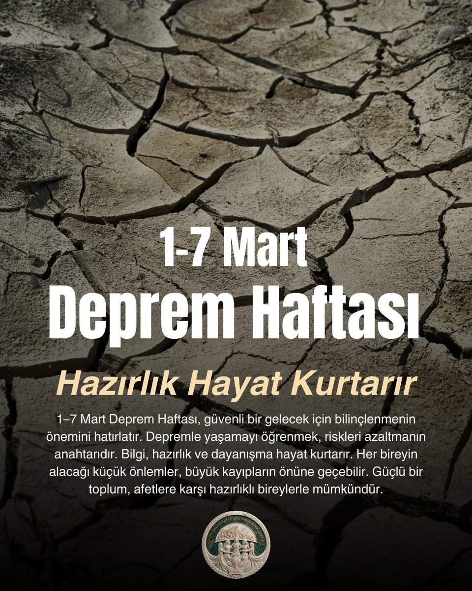 Ülkemizin önemli gerçeği olan depremle ilgili, 1-7 Mart #DepremHaftası 'nda bu farkındalığı oluşturmak hepimizin görevi. Unutmayalım, depremden korunmanın yolu bilinçlenmek ve önlem almaktan geçiyor.