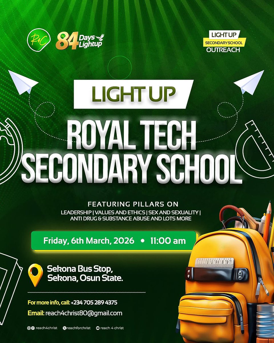 Join us for the LIGHT UP SECONDARY SCHOOL OUTREACH, an initiative designed to empower young minds with life-transforming values. 

Featuring expert-led sessions on essential topics such as Leadership, Values and Ethics, Sex and Sexuality, Anti-Drug &amp; Substance Abuse: Breaking