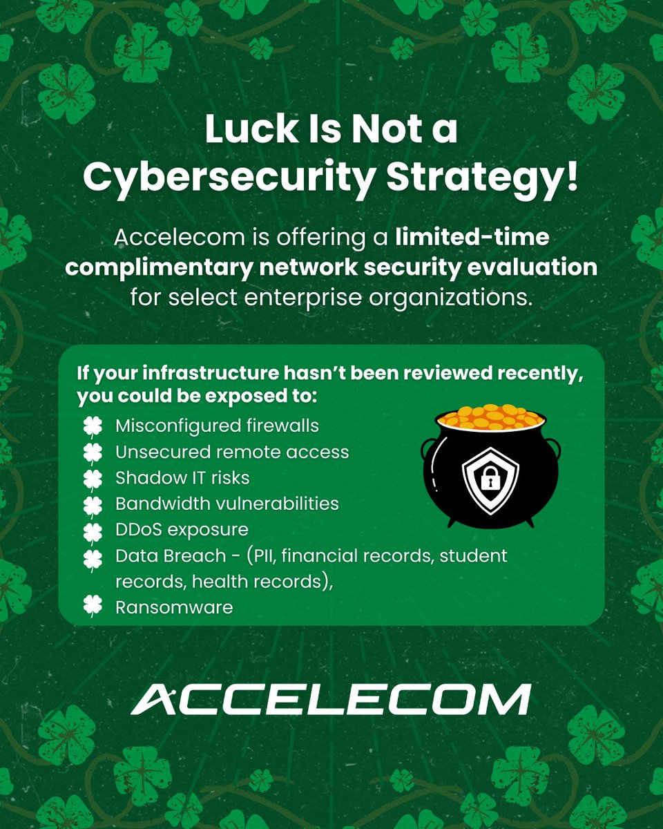 Luck isn’t a cybersecurity strategy.
If your network hasn’t been reviewed recently, you may be exposed to data breaches, ransomware, misconfigured firewalls, or unsecured remote access.

Call (888) 662-6324 to learn more!