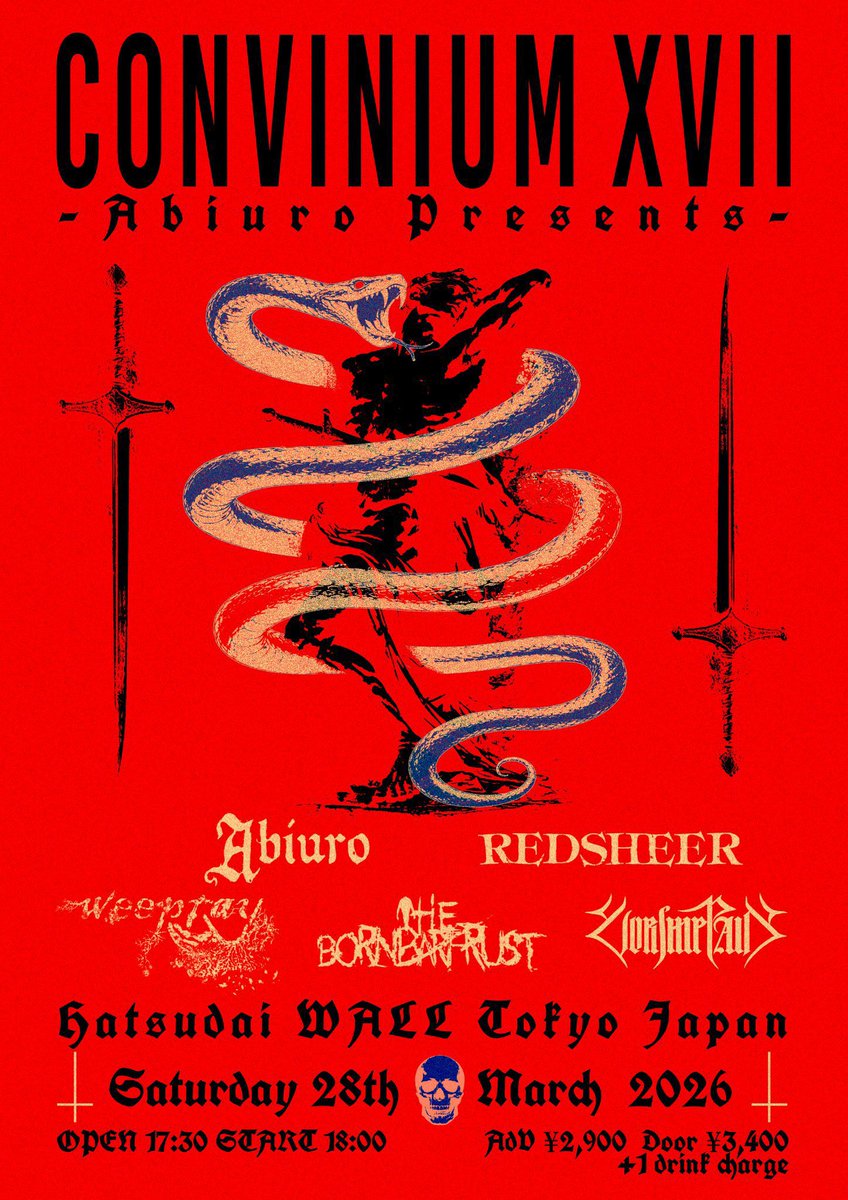 weepray_bass's tweet photo. 月末に迫りました！

Abiuro pre. - CONVINIUM vol.17 -
3月28日(土)初台WALL

OPEN 17:30 START 18:00
18:00~18:30①REDSHEER
18:45~19:15②weepray
19:30~20:00③THE BORNBARFRUST
20:15~20:45④WORSHIP PAIN
21:00~21:30⑤Abiuro

Reserved ¥2900+1Drink
Door ¥3400+1Drink https://t.co/7yoxHUIKOq