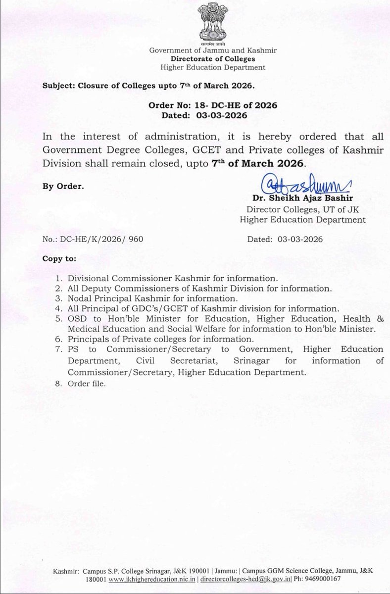 GreaterKashmir's tweet photo. All Government Degree Colleges, GCET and Private Colleges of Kashmir division to remain closed till March 07, 2026. https://t.co/D2pzh4NtaQ
