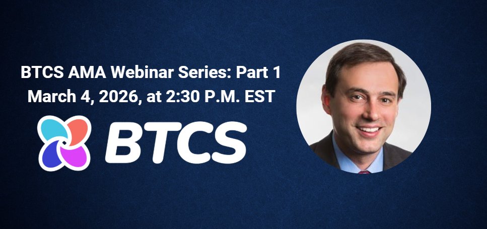 Charles_BTCS's tweet photo. Tomorrow, BTCS will host Part 1 of our new AMA Webinar Series at 2:30 PM ET. Tune in to hear me discuss our capital strategy and how BTCS strategically raises and deploys our assets across the Ethereum ecosystem.

Register Here: https://t.co/8Q8eK96EMy https://t.co/IWvVaPlm85
