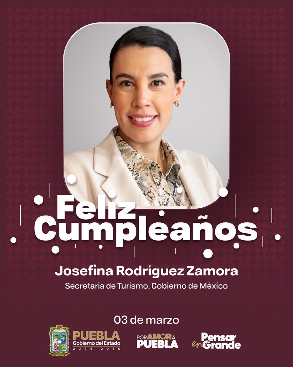 armentapuebla_'s tweet photo. Secretaria y gran amiga de Puebla, @josefinarodzam, reciba una cordial y sincera felicitación con motivo de su cumpleaños. 🥳🎂

Compartimos nuestros mejores deseos para su persona y para sus seres queridos. ✨ https://t.co/DsjEiYpWkQ