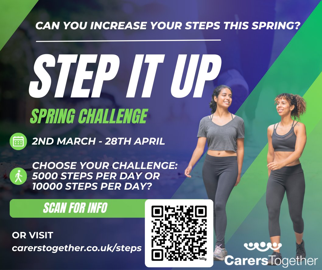 Are you ready to challenge yourself to keep moving?
Open to anyone registered to us at Carers Together.

Visit our website for more info:
carerstogether.co.uk/steps