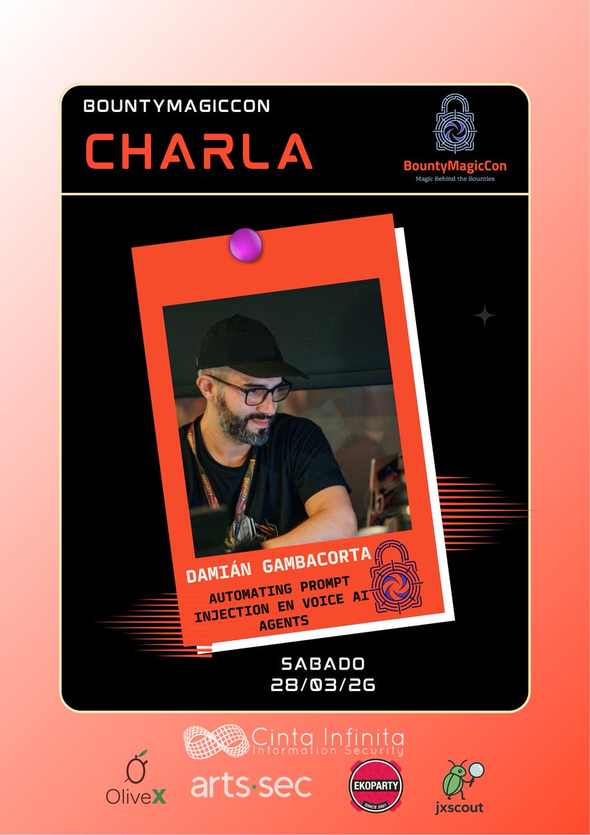 soyel_mago's tweet photo. Nueva charla confirmada en BountyMagicCon 🎩

@g4mb4h presenta:
🧠 Automating Prompt Injection en Voice AI Agents
Va a presentar "v0xhunt3r", una herramienta open source para bug bounty que automatiza prompt injection contra Voice AI Agents a través de un pipeline completo de audio:

Sábado 28/03/26 🔥 - (vía Twitch & Youtube)

#BugBounty #AI #PromptInjection #OffensiveSecurity #AppSec