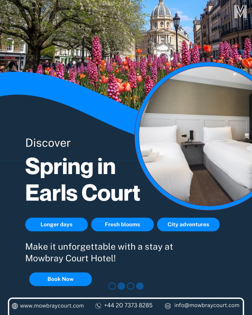mowbraycourt's tweet image. Spring has arrived in Earls Court 🌼✨
Tree-lined streets in bloom, café mornings, and longer London days — it’s the perfect time for a city escape.
S
Book Now: mowbraycourt.com
.
#SpringInLondon #EarlsCourt #LondonStay #MowbrayCourtHotel #VisitLondon #LondonAccommodation