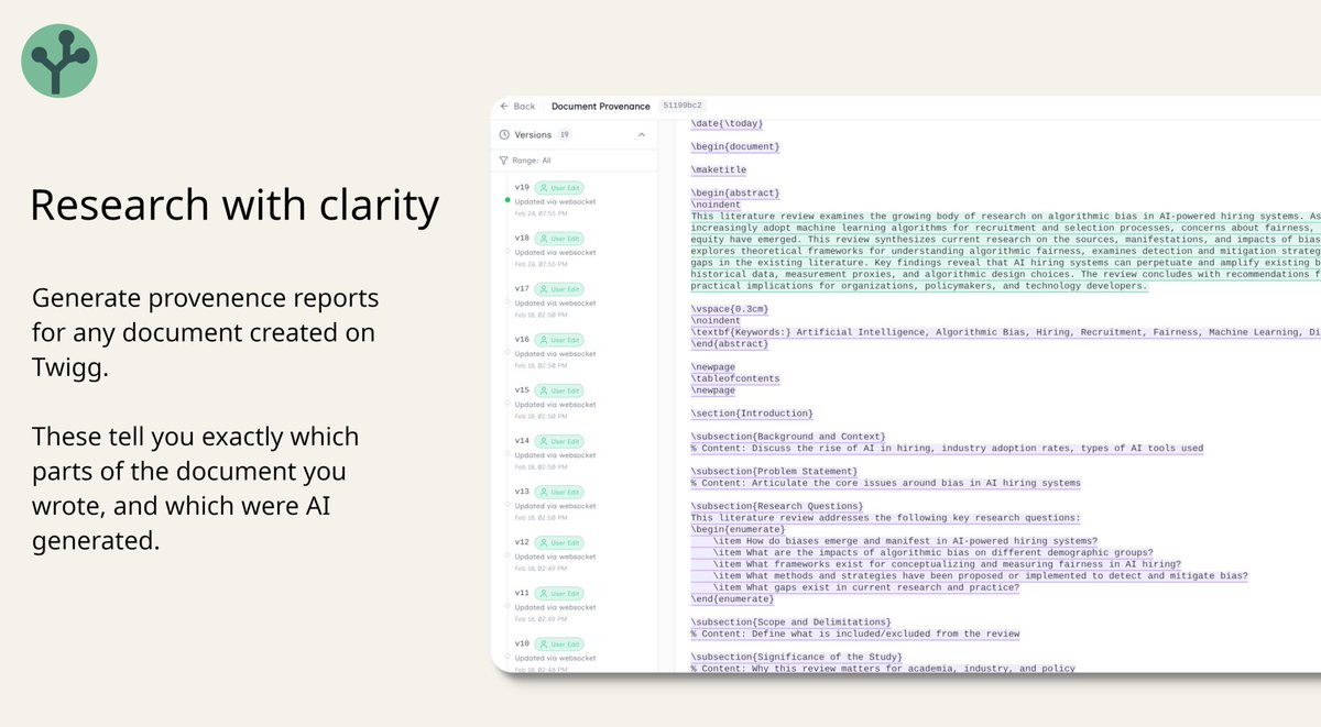 Twigg_ai's tweet photo. Twigg's provenance tracking doesn't just show WHO made an edit.

For AI edits, it shows:
→ The prompt
→ The response
→ Every file &amp; website it read

No black boxes. Full transparency.

https://t.co/cNwBMTroWh https://t.co/CqrEWHj2B3