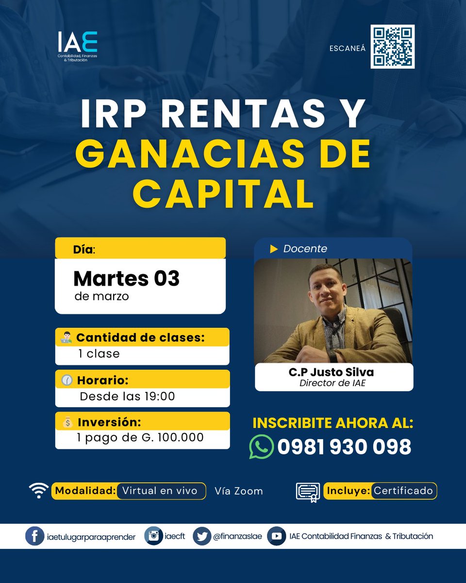 ¡ES HOY! 
¿Tenés dudas sobre el IRP - Rentas y Ganancias de Capital? Hoy nos encontramos para despejar todas tus dudas de la mano de un experto.
🗓 Día: Hoy, martes 03 de marzo.
🕖 Hora: 19:00 hs. 
📲 ¡Inscribite ya al 0981 930 098 o escaneá el QR de la imagen!